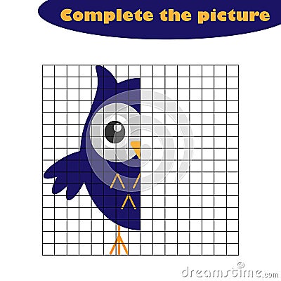 Complete the picture, owl in cartoon style, drawing skills training, educational paper game for the development of children, kids Vector Illustration