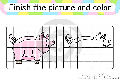 Complete the picture pig. Copy the picture and color. Finish the image. Coloring book. Educational drawing exercise game for Vector Illustration