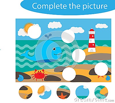 Complete the puzzle and find the missing parts of the picture, ocean life, fun education game for children, preschool worksheet Stock Photo