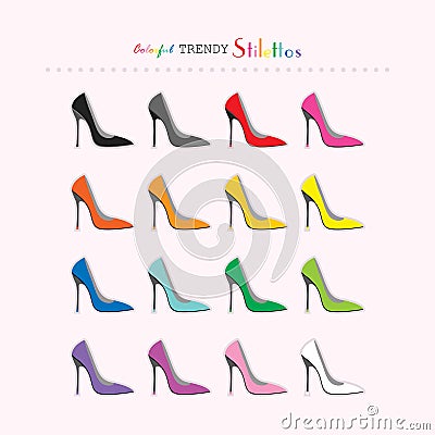 Complete rainbow color sexy stilettos high heels icons set on light pink Vector Illustration