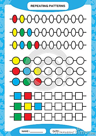 Complete repeating patterns. Worksheet for preschool kids. Practicing motor skills, improving skills tasks. Complete the Vector Illustration