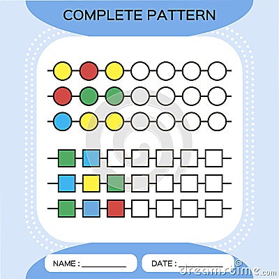 Complete repeating patterns. Worksheet for preschool kids. Practicing motor skills, improving skills tasks. Complete the Vector Illustration