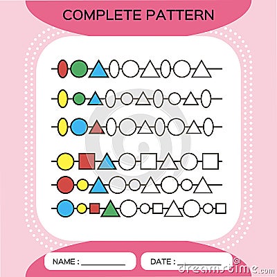 Complete repeating patterns. Worksheet for preschool kids. Practicing motor skills, improving skills tasks. Complete the Vector Illustration