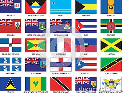 Complete set of 25 Caribbean Flags Vector Illustration