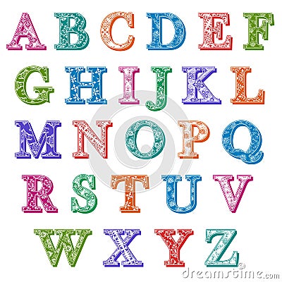 Complete set colorful patterned alphabet letters Vector Illustration