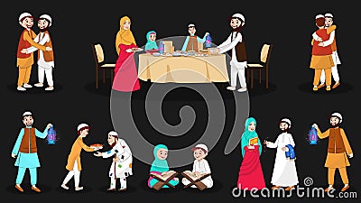 Complete set of happy muslim characters on the festival occasion. Stock Photo