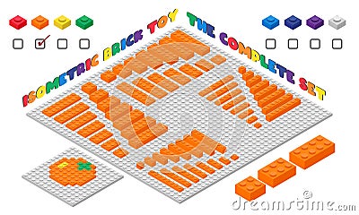 The complete set of ORANGE 3d children brick toy isometric style. Plastic building blocks toy vector illustration Vector Illustration