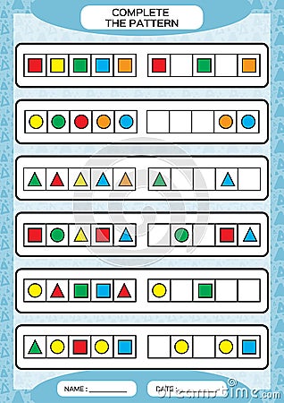 Complete simple repeating patterns. Worksheet for preschool kids. Practicing motor skills, improving skills tasks Vector Illustration
