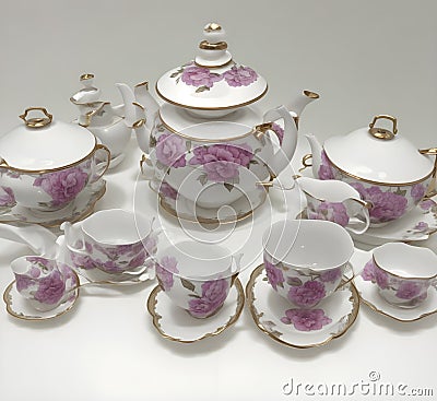 Complete tea set purple white Stock Photo