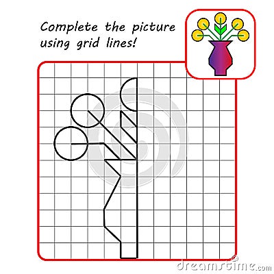 Educational game for kids. Simple exercise. Flower vase. Drawing using grid. Symmetrical drawing. Vector Illustration