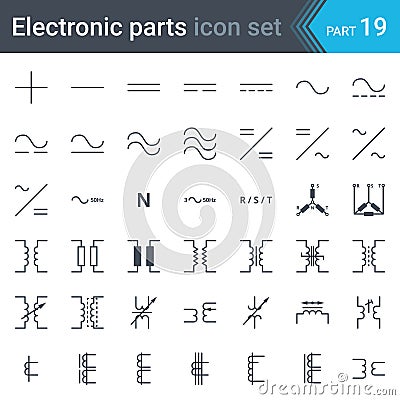 Electric symbols set of current, three-phase connections and electrical transformers Vector Illustration
