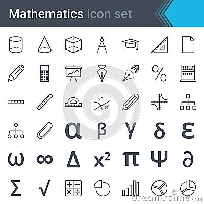 Mathematics line icon set - abacus, ruler, calculator, chart, pi, triangle, sinusoid Vector Illustration