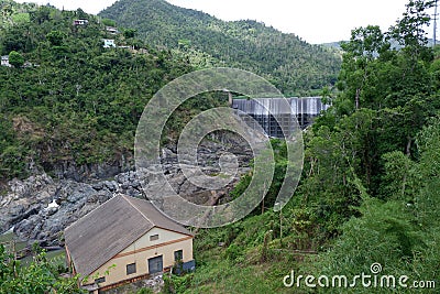 A complete view of a dam and the river in Comerio, Puerto Rico Stock Photo