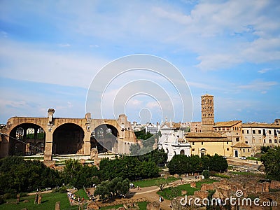 Roman ruins. Complete view of Mont Palatino, ruins of Roman Forum Editorial Stock Photo