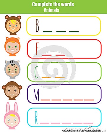 Complete the words children educational game, kids activity sheet. Animals theme Vector Illustration