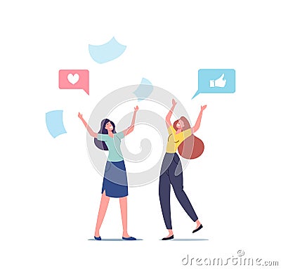 Completed Task Concept. Happy Female Characters Completed Task and Triumphing with Raised Hands and Scattered Papers Stock Photo