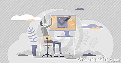Completed task with submitted and approved done pass tiny person concept Vector Illustration