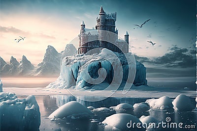 frozen old castle and cold winter landscape with icebergs around created by generative AI Stock Photo