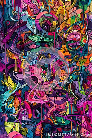 Complex abstract art depicting chaotic thoughts and emotions through overlapping lines and confusing figures. Stock Photo