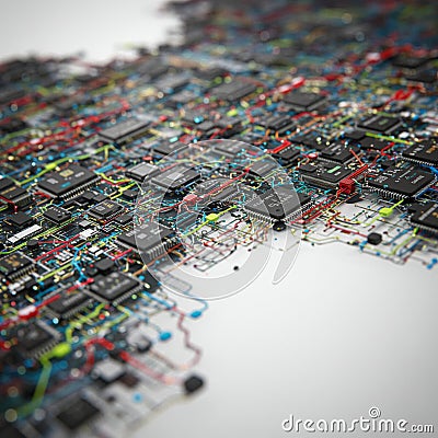 A complex array of microchips and circuit boards featuring intricate wiring Stock Photo