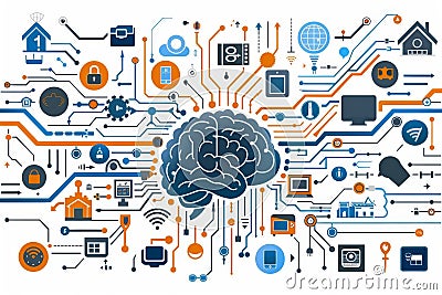 Complex brain network illustration with connected devices, symbolizing advanced technology and IoT integration Cartoon Illustration