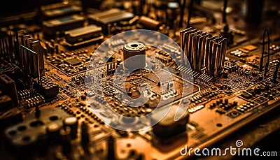 Complex circuit board powers futuristic desktop computer generated by AI Stock Photo