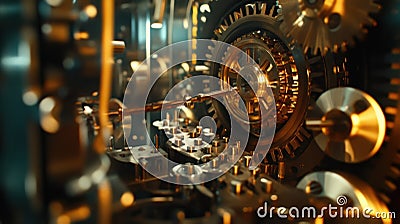 Complex clockwork mechanism with gears rotating smoothly Stock Photo