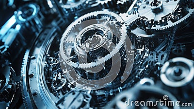 Complex clockwork mechanism rotating and generating power Stock Photo