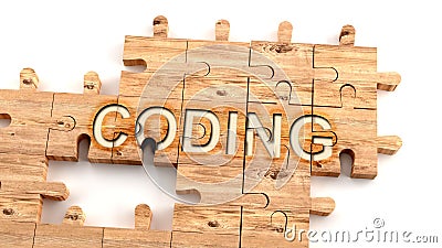 Complex and confusing coding: learn complicated, hard and difficult concept of coding,pictured as pieces of a wooden jigsaw puzzle Cartoon Illustration