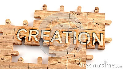Complex and confusing creation: learn complicated, hard and difficult concept of creation,pictured as pieces of a wooden jigsaw Cartoon Illustration