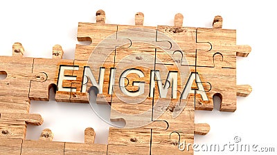 Complex and confusing enigma: learn complicated, hard and difficult concept of enigma,pictured as pieces of a wooden jigsaw puzzle Cartoon Illustration