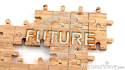 Complex and confusing future: learn complicated, hard and difficult concept of future,pictured as pieces of a wooden jigsaw puzzle Cartoon Illustration