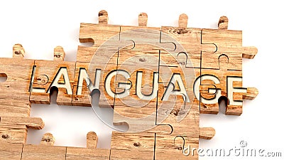 Complex and confusing language: learn complicated, hard and difficult concept of language,pictured as pieces of a wooden jigsaw Cartoon Illustration