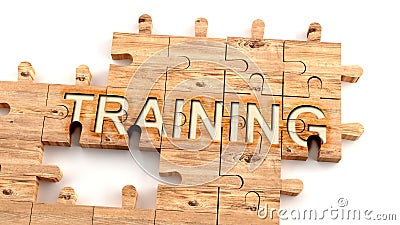 Complex and confusing training: learn complicated, hard and difficult concept of training,pictured as pieces of a wooden jigsaw Cartoon Illustration