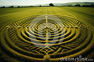 Complex crop circles and patterns in a wheat field viewed from above showing ufo sightings Stock Photo