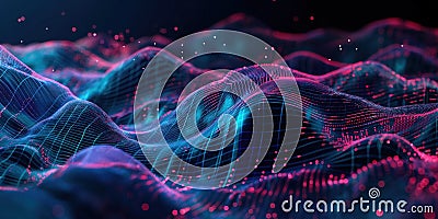 Complex 3D digital background with futuristic wave, geometric shapes. Big data visualization with glowing dots, lines. Cybernetic Stock Photo