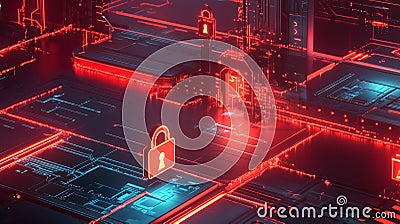 Complex data stream flowing through a series of lock icons. By generative Ai Stock Photo