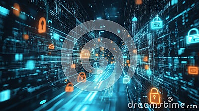 Complex data stream flowing through a series of lock icons. By generative Ai Stock Photo