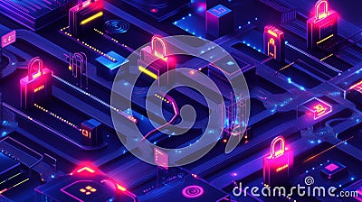 Complex data stream flowing through a series of lock icons. By generative Ai Stock Photo