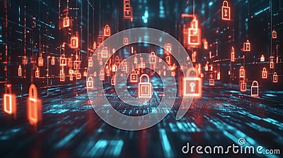 Complex data stream flowing through a series of lock icons. By generative Ai Stock Photo