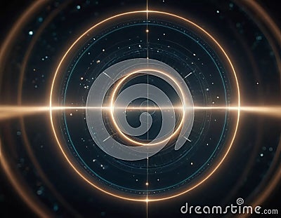 A complex design featuring interlocking circles and lines represents the intricate concepts of quantum physics. The dark Stock Photo