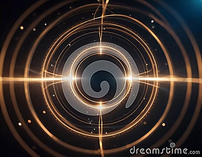 A complex design featuring interlocking circles and lines represents the intricate concepts of quantum physics. The dark Stock Photo