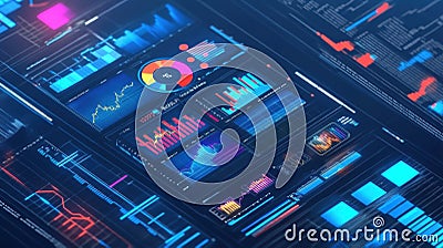 Complex digital analytics dashboard with vivid graphs and data visualizations Stock Photo