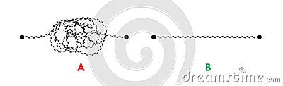 Complex and easy simple way from start to end, path from point A to B with black thread Vector Illustration