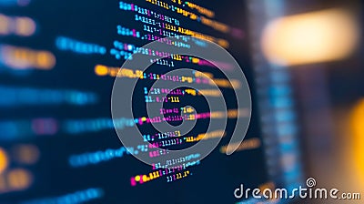 Lines of blue source code displayed on a dark background in a digital programming environment Stock Photo