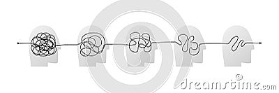 Complex messy connected line in head icon as concept of chaos solving. Process of problem simplifying in mind. Vector Vector Illustration