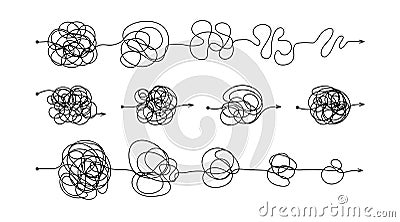 Complex messy connected lines as concept of chaos solving. Process of problem simplifying in mind. Vector illustration Vector Illustration