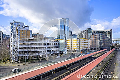 Complex modern multistory apartment buildings near the old train station in Portland Editorial Stock Photo