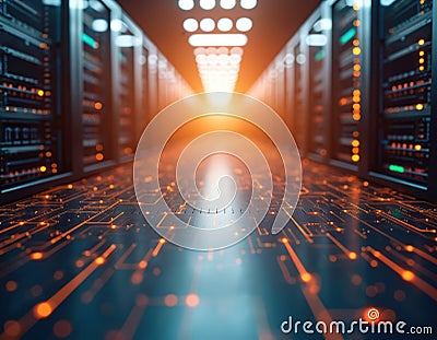 Complex network of interconnected database servers, data storage, management. High tech environment, infrastructure engineering Stock Photo