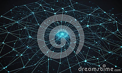 complex network interconnected lines and dots, with central blue dot, creates sense depth and complexity Stock Photo